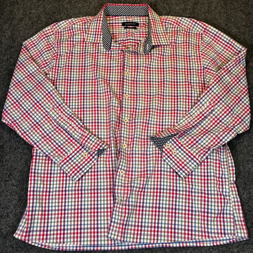 Bugatchi Shaped Fit Plaid Dress Shirt Men's XL Long Sleeve Button Up Multi Color
